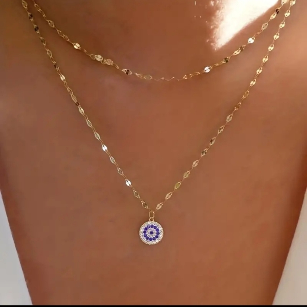 🧿🧿NEW🧿🧿BEAUTIFUL!! EVIL EYE CZ Double Layer Necklace in GOLD
